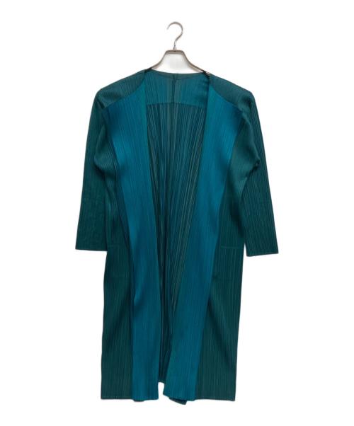 PLEATS PLEASE（プリーツプリーズ）PLEATS PLEASE (プリーツプリーズ) ダブルカラーロングカーディガン プリーツ PP21-JA542 グリーン サイズ:SIZE 2の古着・服飾アイテム
