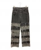 NOVESSELノベセル）の古着「ボーダーラインダメージ加工ワイドデニムパンツ」｜グレー