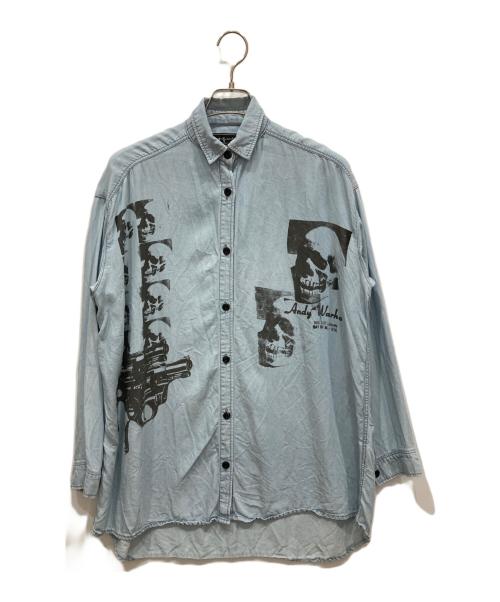 Andy Warhol by HYSTERIC GLAMOUR（アンディーウォーホルバイヒステリックグラマー）Andy Warhol by HYSTERIC GLAMOUR (アンディーウォーホルバイヒステリックグラマー) 00’ｓスカルプリントデニムシャツ スカイブルー サイズ:freeの古着・服飾アイテム