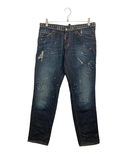 DSQUARED2（ディースクエアード）DSQUARED2 (ディースクエアード) クラッシュ加工スタッズデニムパンツ インディゴ サイズ:48の古着・服飾アイテム
