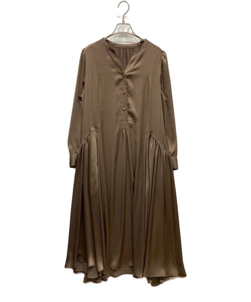 MOTOMACHI Zelal（モトマチゼラール）MOTOMACHI Zelal (モトマチゼラール) ヴィンテージサテンサイドギャザー＆フレアーワンピース ブラウン サイズ:Ⅼの古着・服飾アイテム