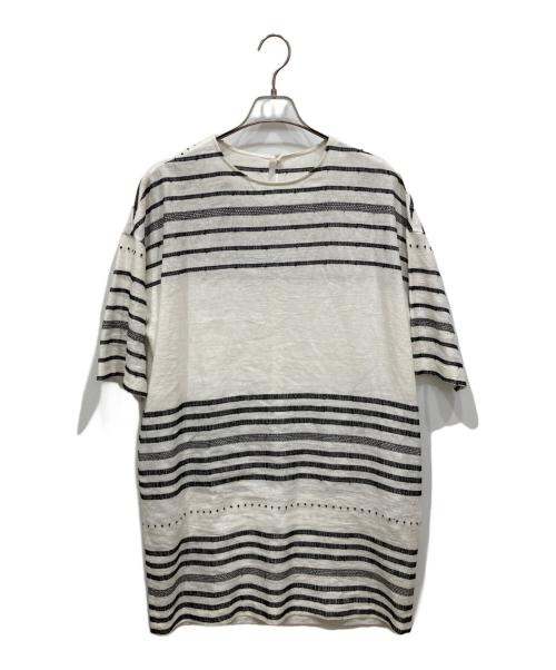 BEARDSLEY（ビアズリー）BEARDSLEY (ビアズリー) リネン刺繍ボーダーワンピース ホワイト×ブラック サイズ:freeの古着・服飾アイテム