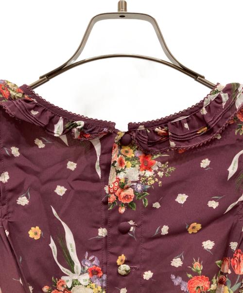 PINK HOUSE（ピンクハウス）PINK HOUSE (ピンクハウス) 半袖花柄ブーケプリントフリルブラウス ボルドー サイズ:不明の古着・服飾アイテム
