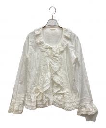 PINK HOUSE（ピンクハウス）の古着「リボンモチーフ使いフリルオーバーブラウス」｜ホワイト