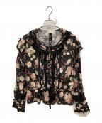 PINK HOUSE×ボークスピンクハウス×ボークス）の古着「Dolly Roseプリントフリルブラウス」｜ブラック×ピンク