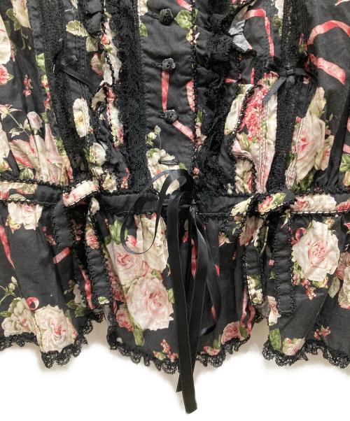 PINK HOUSE（ピンクハウス）PINK HOUSE (ピンクハウス) ボークス (ボークス) Dolly Roseプリントフリルブラウス ブラック×ピンク サイズ:SIZE Freeの古着・服飾アイテム