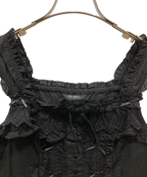 PINK HOUSE（ピンクハウス）PINK HOUSE (ピンクハウス) フリルノースリーブブラウス ブラック サイズ:SIZE Freeの古着・服飾アイテム