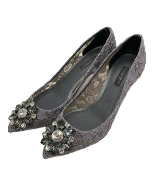 DOLCE & GABBANA（ドルチェ＆ガッバーナ）DOLCE & GABBANA (ドルチェ＆ガッバーナ) レース ビジュー ポインテッドトゥパンプス グレー サイズ:SIZE 37 1/2の古着・服飾アイテム