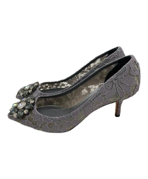DOLCE & GABBANA（ドルチェ＆ガッバーナ）DOLCE & GABBANA (ドルチェ＆ガッバーナ) レース ビジュー ポインテッドトゥパンプス グレー サイズ:SIZE 37 1/2の古着・服飾アイテム