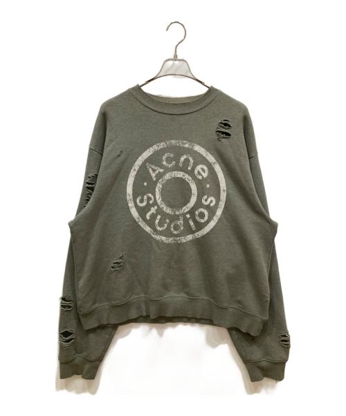 Acne studios（アクネ ストゥディオズ）ACNE STUDIOS (アクネ ストゥディオス) サークルロゴ ダメージ加工 クルーネックスウェット グリーン サイズ:Ⅿの古着・服飾アイテム