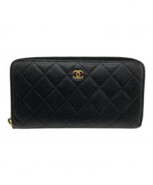 CHANEL（シャネル）の古着「キャビアスキンラウンドファスナーウォレット」｜ブラック