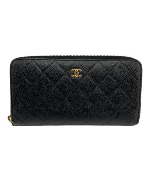CHANEL（シャネル）CHANEL (シャネル) キャビアスキンラウンドファスナーウォレット ブラックの古着・服飾アイテム