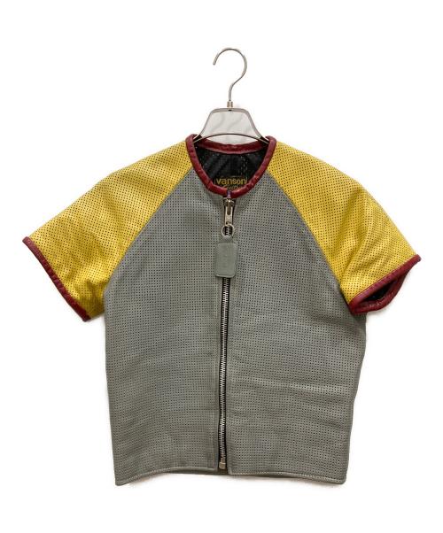 VANSON（バンソン）VANSON (バンソン) 半袖パンチングライダース イエロー×グレー サイズ:SMサイズの古着・服飾アイテム