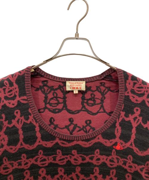 Vivienne Westwood RED LABEL（ヴィヴィアンウエストウッドレッドレーベル）Vivienne Westwood RED LABEL (ヴィヴィアンウエストウッドレッドレーベル) 総柄ロゴ刺繍ニット レッド×ブラック サイズ:SIZE 2の古着・服飾アイテム