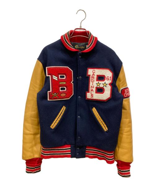 Champion（チャンピオン）Champion (チャンピオン) AWARD JACKET ネイビー×ブラウン サイズ:SIZE Mの古着・服飾アイテム