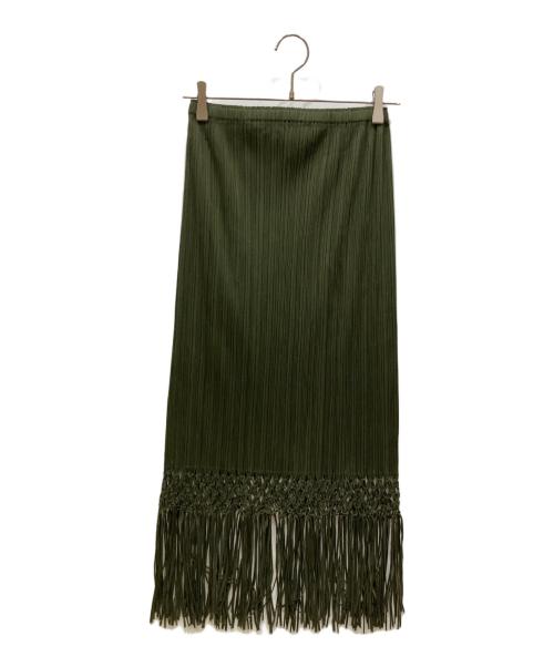 PLEATS PLEASE（プリーツプリーズ）PLEATS PLEASE (プリーツプリーズ) プリーツフリンジロングスカート カーキ サイズ:SIZE 4の古着・服飾アイテム
