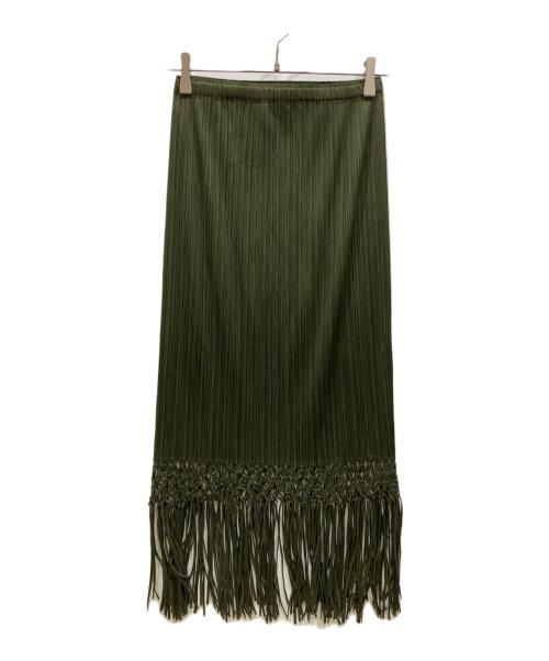 PLEATS PLEASE（プリーツプリーズ）PLEATS PLEASE (プリーツプリーズ) プリーツフリンジロングスカート カーキ サイズ:SIZE 4の古着・服飾アイテム