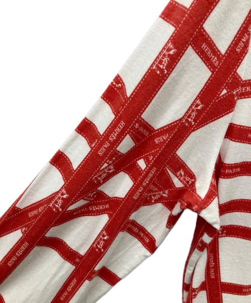 HERMES（エルメス）HERMES (エルメス) リボン柄長袖カットソー レッド×ホワイト サイズ:MEの古着・服飾アイテム