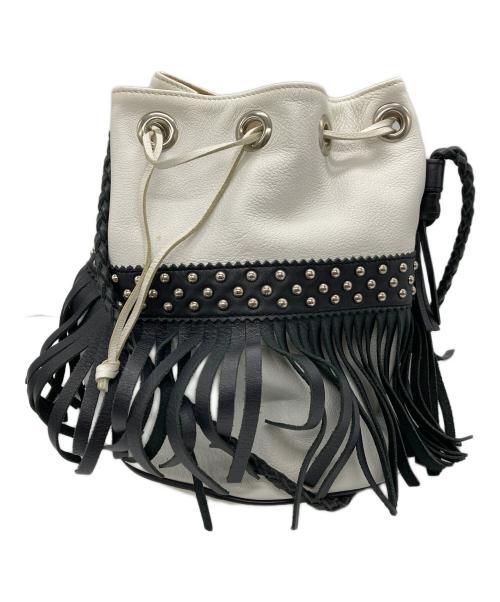 J&M DAVIDSON（ジェイ＆エム デヴィッドソン）J&M DAVIDSON (ジェイ＆エム デヴィッドソン) バイカラーフリンジ巾着ワンショルダーバッグ/バイカラーバッグ/バッグ/ショルダーバッグ/巾着バッグ ホワイト×ブラックの古着・服飾アイテム