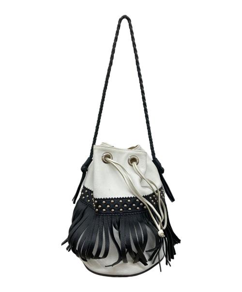 J&M DAVIDSON（ジェイ＆エム デヴィッドソン）J&M DAVIDSON (ジェイ＆エム デヴィッドソン) バイカラーフリンジ巾着ワンショルダーバッグ/バイカラーバッグ/バッグ/ショルダーバッグ/巾着バッグ ホワイト×ブラックの古着・服飾アイテム