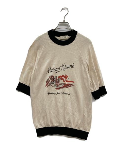 maison kitsune（メゾンキツネ）MAISON KITSUNE (メゾンキツネ) ビッグロゴサマーニット ベージュ×ブラック サイズ:Mの古着・服飾アイテム