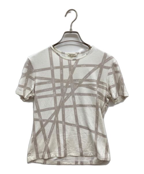 HERMES（エルメス）HERMES (エルメス) ボルデュックリボン/総柄Tシャツ/半袖カットソー ホワイト×ベージュ サイズ:Mの古着・服飾アイテム