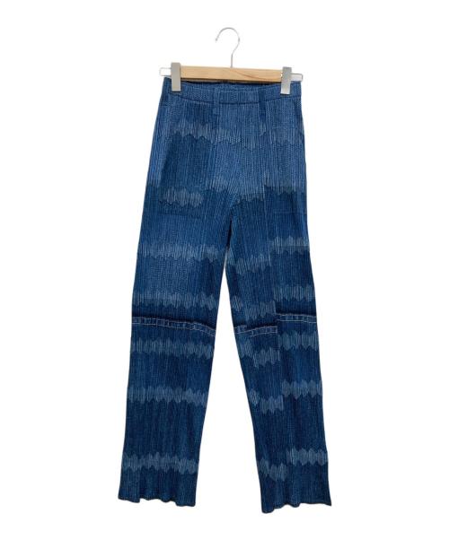 PLEATS PLEASE（プリーツプリーズ）PLEATS PLEASE (プリーツプリーズ) パッチワークデニム転写プリントプリーツパンツ インディゴ サイズ:2の古着・服飾アイテム