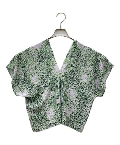 Henrik Vibskov（ヘンリック ヴィブスコフ）Henrik Vibskov (ヘンリック ヴィブスコフ) ウォータドロップ柄Vネックカットソー ホワイト×グリーン サイズ:Sの古着・服飾アイテム