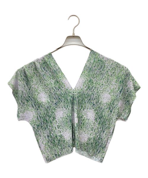 Henrik Vibskov（ヘンリック ヴィブスコフ）Henrik Vibskov (ヘンリック ヴィブスコフ) ウォータドロップ柄Vネックカットソー ホワイト×グリーン サイズ:Sの古着・服飾アイテム