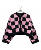 TENDER PERSONテンダ―パーソン）の古着「FLAG CHECK KNIT CARDIGAN/フラグ チェック ニット カーディガン」｜ピンク×ブラック
