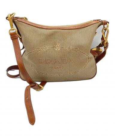 PRADA プラダ ジャガード×レザー ショルダー バッグ ビッグ ロゴ 茶色 プラダ(PRADA)プラダ LOGO JACQUARD ロゴジャガード ショルダーバッグ