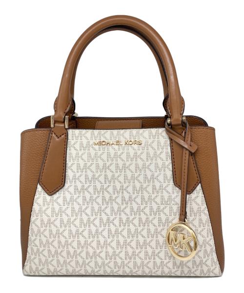 MICHAEL KORS（マイケル・コース）MICHAEL KORS (マイケル・コース) KIMBERLY SMALL SATCHEL MERLOT BAG/キムバリー スモール サッチェル メルロー マルチ トートバッグ  ベージュ×ブラウンの古着・服飾アイテム