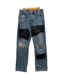 DAIRIKU（ダイリク）の古着「Painted ＆ Leather Patch Slim/ペイント＆レザーパッチスリムパンツ Pants」｜インディゴ