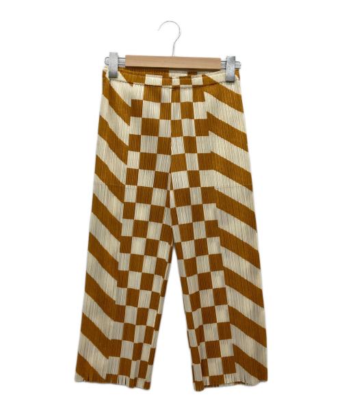 PLEATS PLEASE（プリーツプリーズ）PLEATS PLEASE (プリーツプリーズ) ブロックチェックプリーツパンツ アイボリー×ブラウン サイズ:1の古着・服飾アイテム