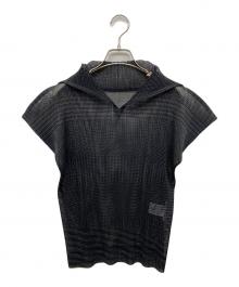 PLEATS PLEASE（プリーツプリーズ）の古着「ストライプメッシュプリーツトップス」｜ブラック