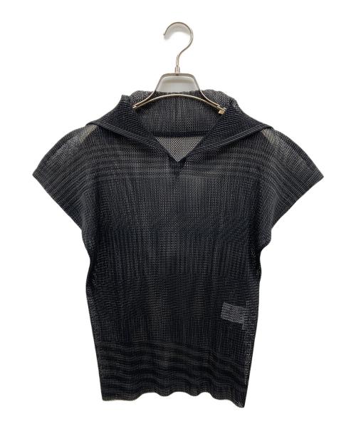 PLEATS PLEASE（プリーツプリーズ）PLEATS PLEASE (プリーツプリーズ) ストライプメッシュプリーツトップス ブラック サイズ:3の古着・服飾アイテム