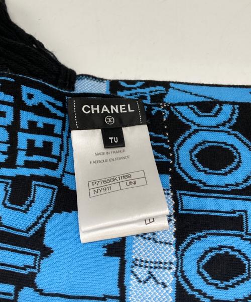 CHANEL（シャネル）CHANEL (シャネル) Multi Logo Print Wool Cashimiya Muffler ブルー×ブラックの古着・服飾アイテム