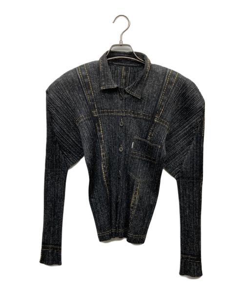 PLEATS PLEASE（プリーツプリーズ）PLEATS PLEASE (プリーツプリーズ) デニム転写プリントプリーツシャツ グレー サイズ:4の古着・服飾アイテム