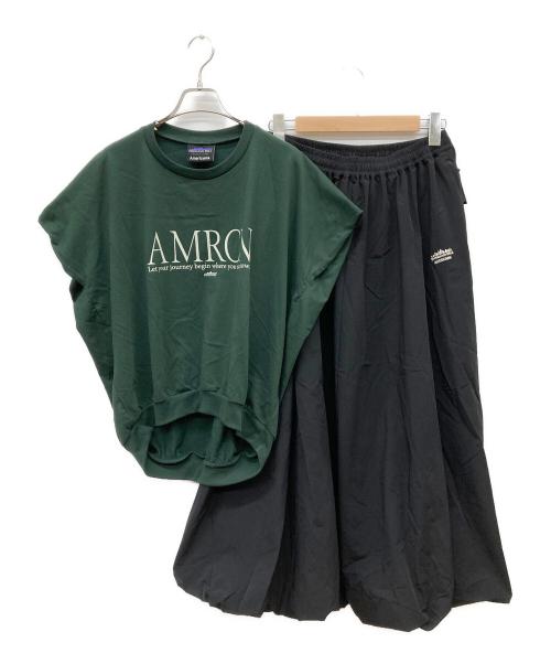 Americana（アメリカーナ）Americana (アメリカーナ) Thousand Mile (サウザンドマイル) FREAK'S STORE (フリークスストア) 別注 フレンチスリーブTシャツ スカートセットアップ グリーン×ブラック サイズ:FREEの古着・服飾アイテム