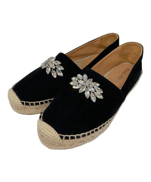 MIU MIU（ミュウミュウ）MIU MIU (ミュウミュウ) ビジュー付きエスパドリーユ ブラック×ベージュ サイズ:36の古着・服飾アイテム