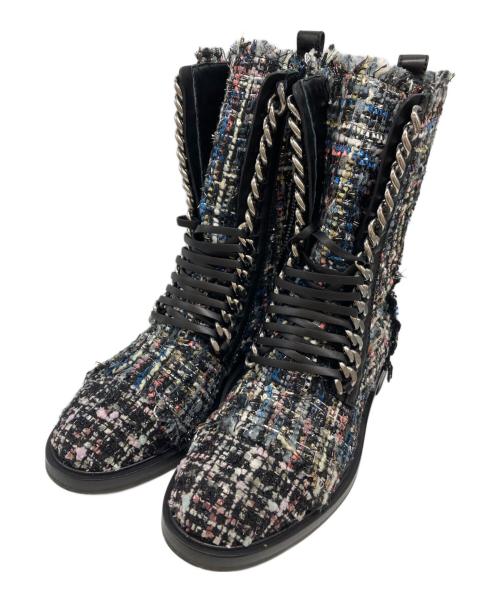 CASADEI（カサディ）CASADEI (カサディ) チェーンデザインツイードブーツ ブラック×ブルー サイズ:38の古着・服飾アイテム