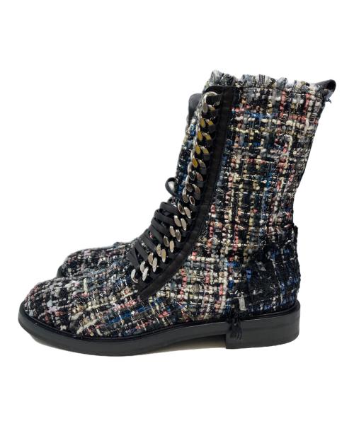CASADEI（カサディ）CASADEI (カサディ) チェーンデザインツイードブーツ ブラック×ブルー サイズ:38の古着・服飾アイテム
