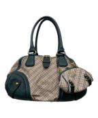 BURBERRY BLUE LABELバーバリー ブルー レーベル）の古着「レザーコンビチェック柄ボストンバッグ」｜ベージュ×グリーン