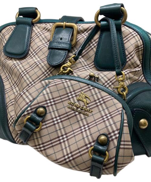 BURBERRY BLUE LABEL（バーバリー ブルー レーベル）BURBERRY BLUE LABEL (バーバリー ブルー レーベル) レザーコンビチェック柄ボストンバッグ ベージュ×グリーンの古着・服飾アイテム