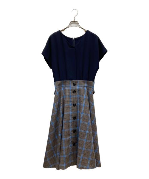 BLUE LABEL CRESTBRIDGE（ブルーレーベルクレストブリッジ）BLUE LABEL CRESTBRIDGE (ブルーレーベルクレストブリッジ) S/Sチェックコンビワンピース ネイビー×ブラウン サイズ:38の古着・服飾アイテム