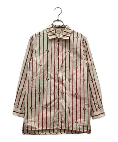 GUCCI（グッチ）GUCCI (グッチ) GG刺繍ストライプシャツ レッド×アイボリー サイズ:12の古着・服飾アイテム