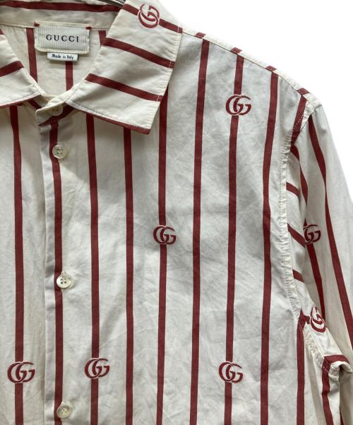 GUCCI（グッチ）GUCCI (グッチ) GG刺繍ストライプシャツ レッド×アイボリー サイズ:12の古着・服飾アイテム