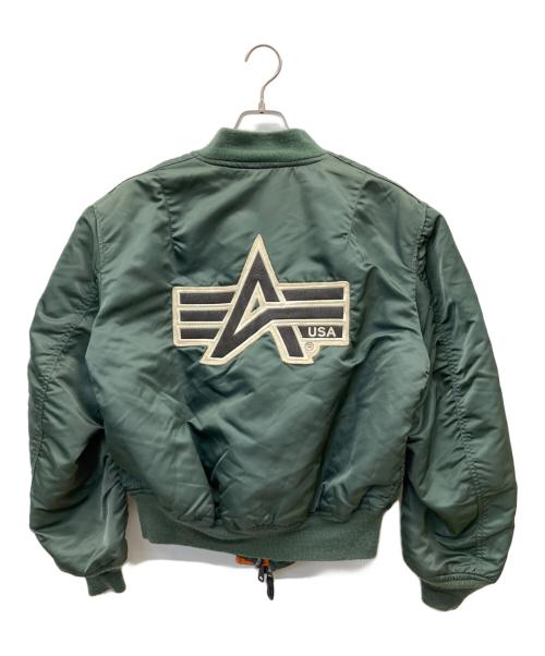 ALPHA（アルファ）ALPHA (アルファ) 90s レザーパッチ MA-1ジャケット オリーブ サイズ:Lの古着・服飾アイテム