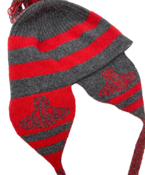 Vivienne Westwood（ヴィヴィアンウエストウッド）Vivienne Westwood (ヴィヴィアンウエストウッド) オーブニットキャップ レッド×グレーの古着・服飾アイテム