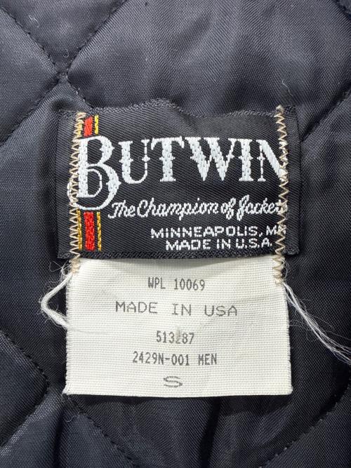 butwin（バトウィン）BUTWIN (バトウィン) 80’S レザー切替スタジャン ブルー×ベージュ サイズ:Sの古着・服飾アイテム